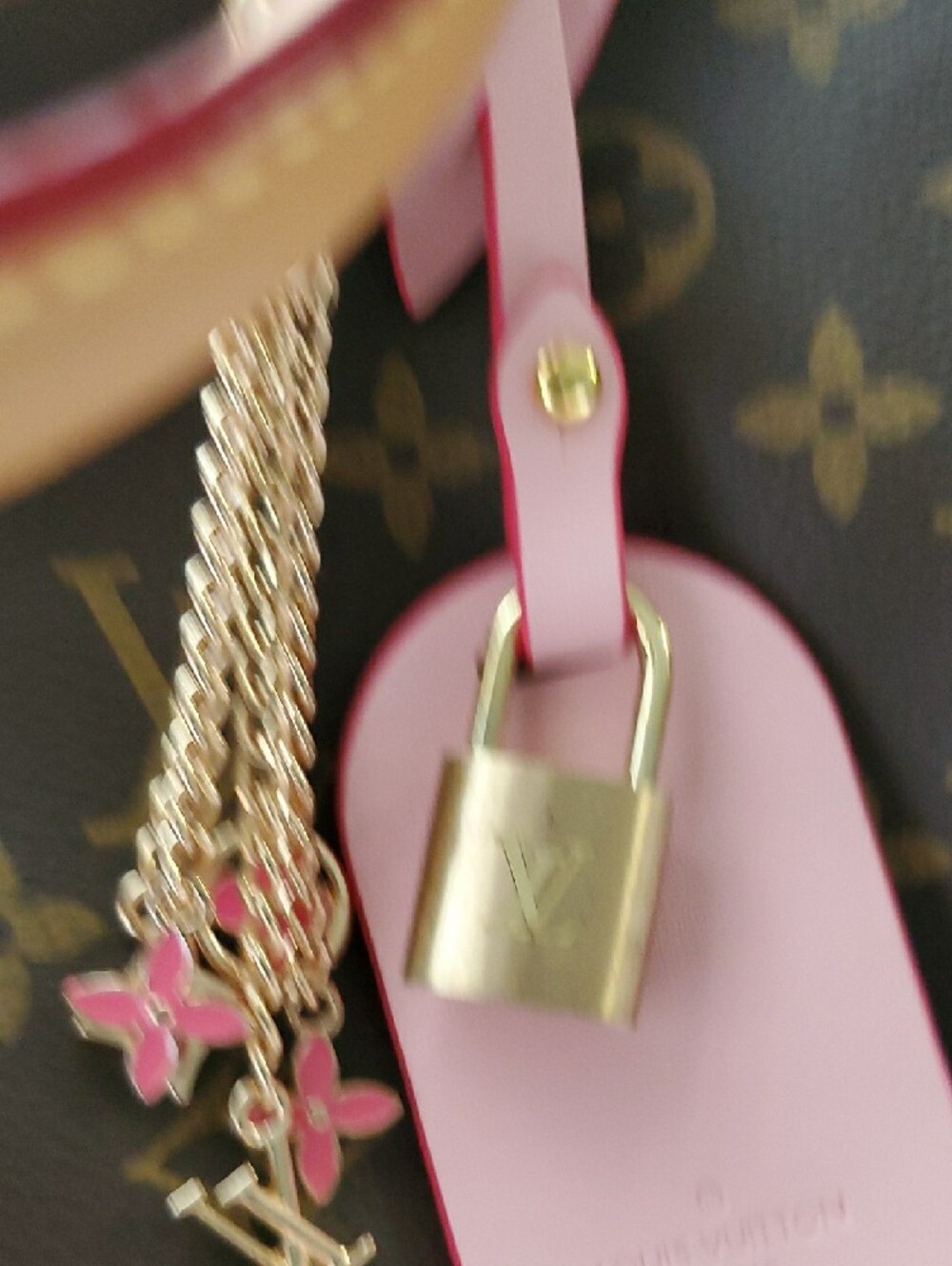 Brown Monogram Satchel with Pink Strap and Gold Hardware - Picture 8 of 11